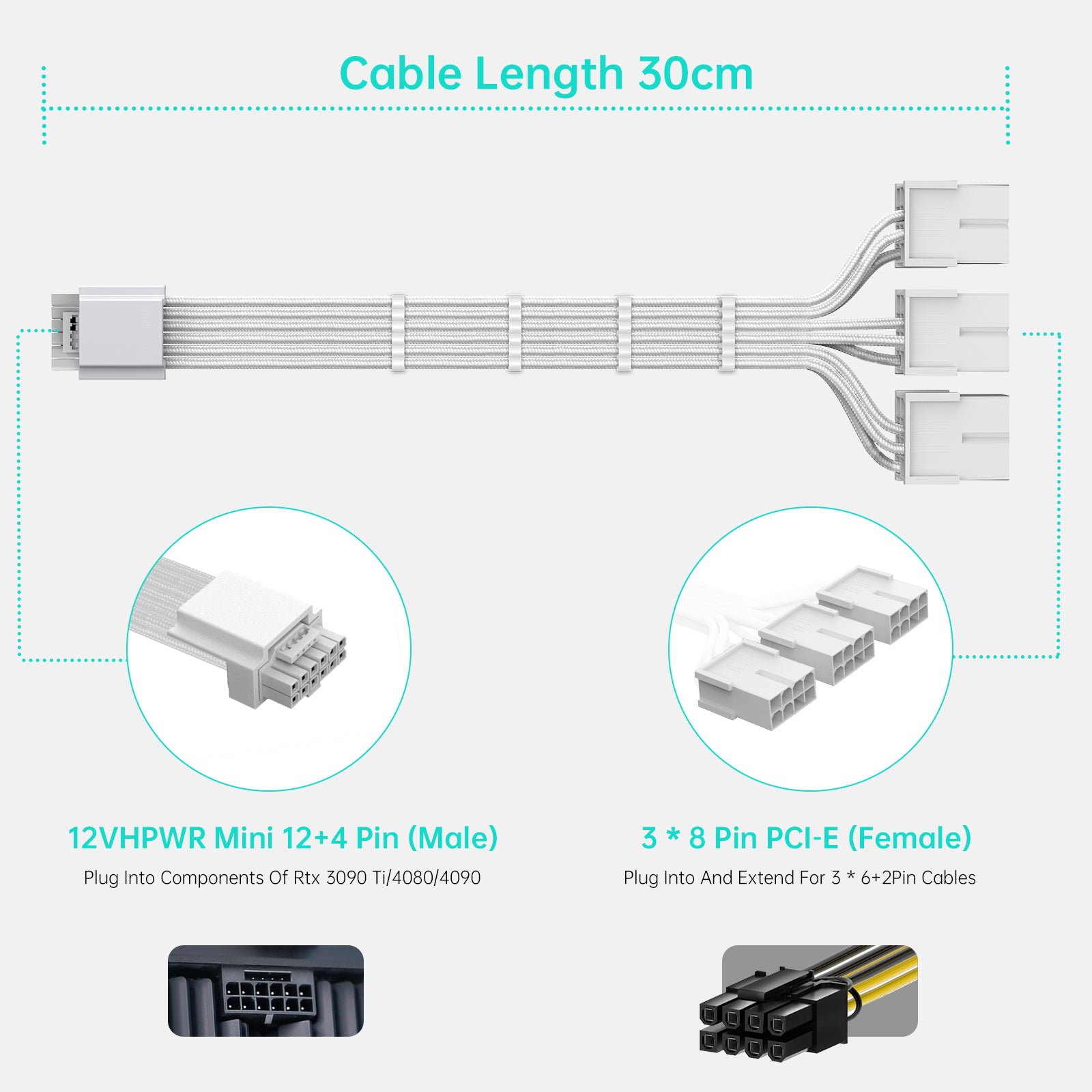 12VHPWR PCI-e Cable Extension, compatible with RTX 3090Ti/4070Ti/4080/4090, length 30 centimeters