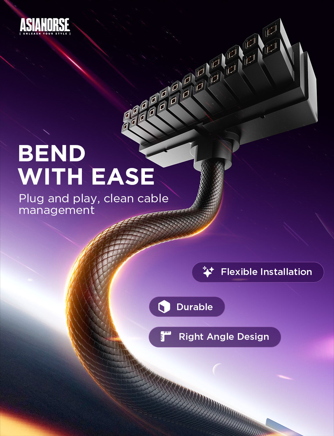 AsiaHorse Hydrus-24PIN PC PSU Extension Cable, ATX 24Pin Motherboard Power Extension Cable 90° Right Angle Design, 2000W Power Supply (Whole Set), PC Power Cord Perfect for Cable Management & PC DIY
