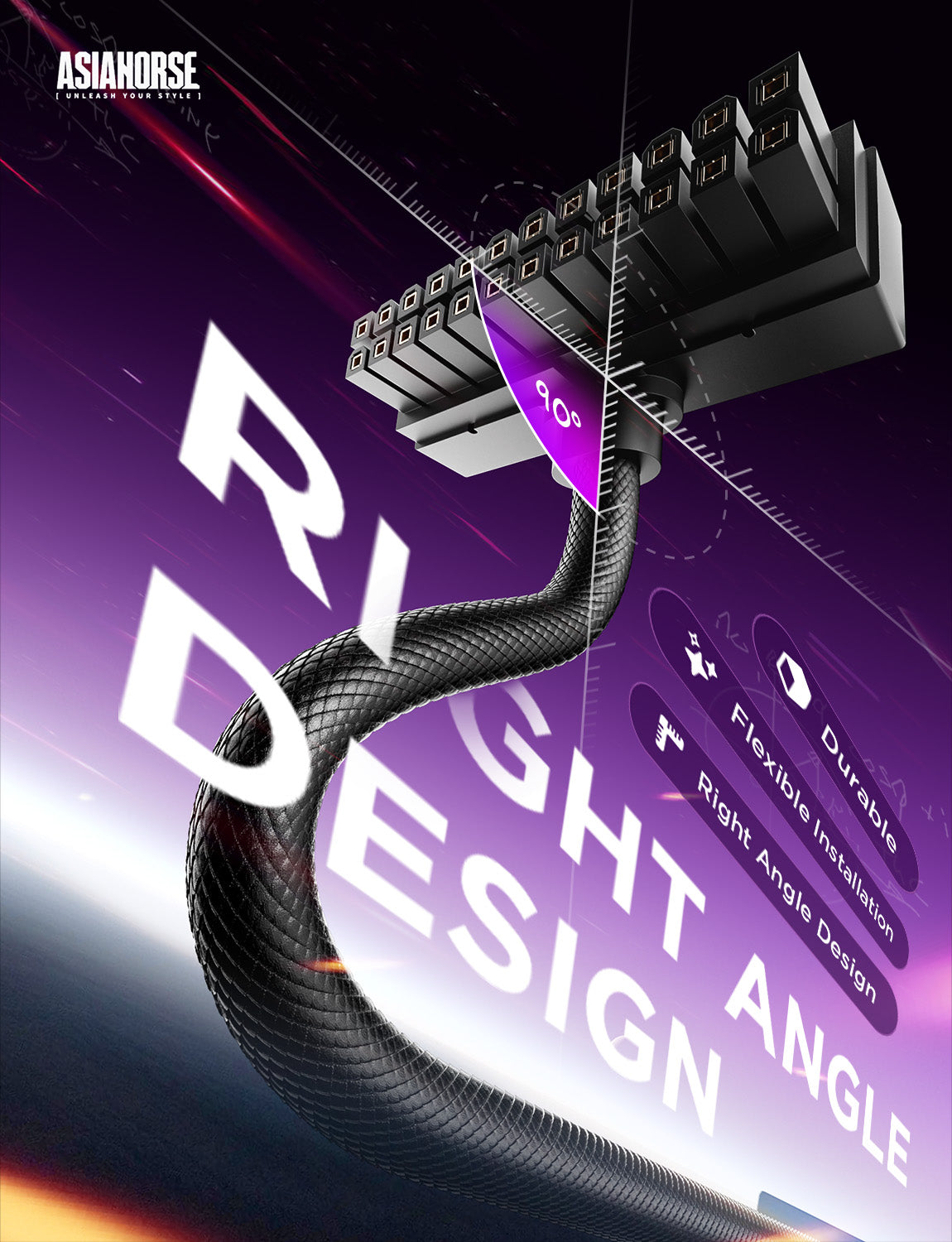 AsiaHorse Hydrus-24PIN PC PSU Extension Cable, ATX 24Pin Motherboard Power Extension Cable 90° Right Angle Design, 2000W Power Supply (Whole Set), PC Power Cord Perfect for Cable Management & PC DIY