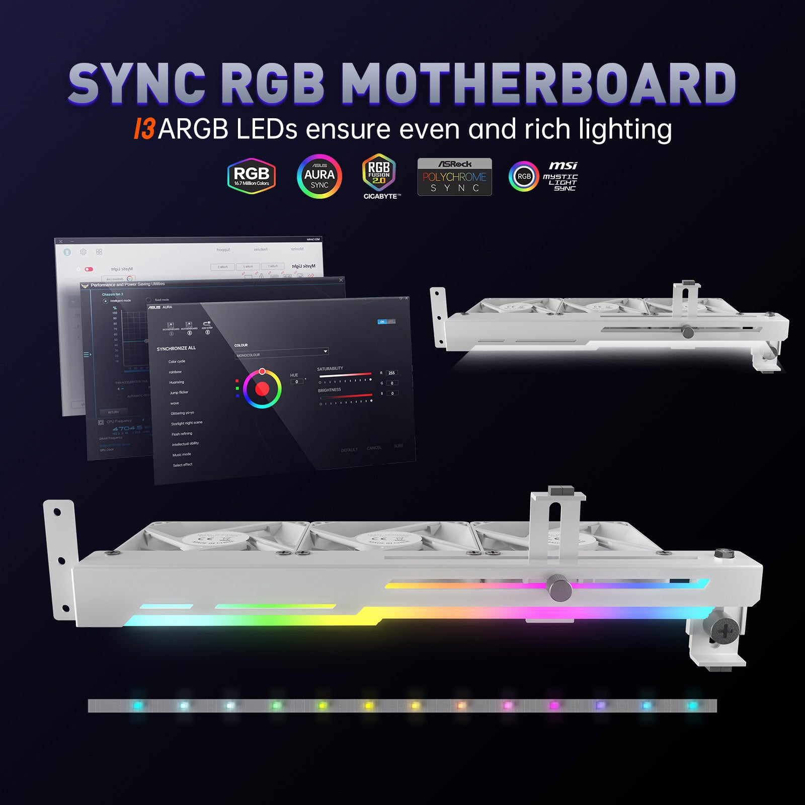 مبرد بطاقة الرسومات AsiaHorse مع مصباح LED ARGB 5V 3Pin وثلاث مراوح 80 مم، وحامل بطاقة الرسومات RGB LED، ومبرد وحدة معالجة الرسومات سهل التركيب - أبيض 