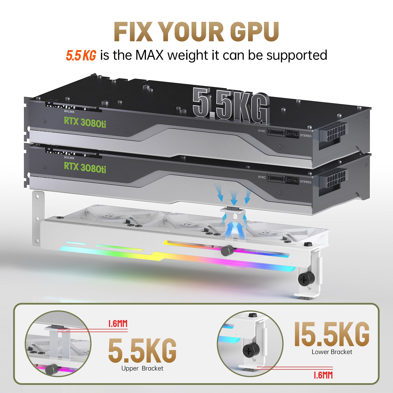 مبرد بطاقة الرسومات AsiaHorse مع مصباح LED ARGB 5V 3Pin وثلاث مراوح 80 مم، وحامل بطاقة الرسومات RGB LED، ومبرد وحدة معالجة الرسومات سهل التركيب - أبيض 