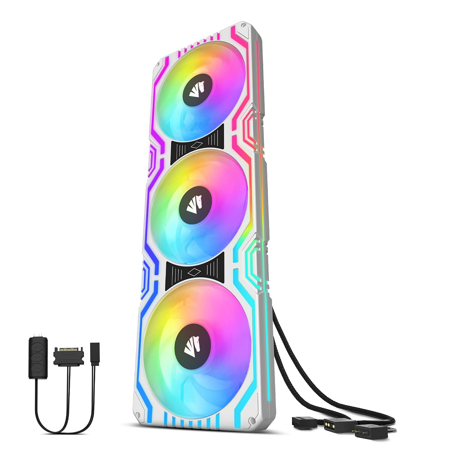 مروحة Asiahorse Matrix-White 56 LED RGB قابلة للتوجيه، 360 مم، إطار مربع متكامل مع وحدة تحكم MB Sync/Analog، مروحة تحكم PWM مدمجة لعلبة الكمبيوتر ونظام التبريد السائل 