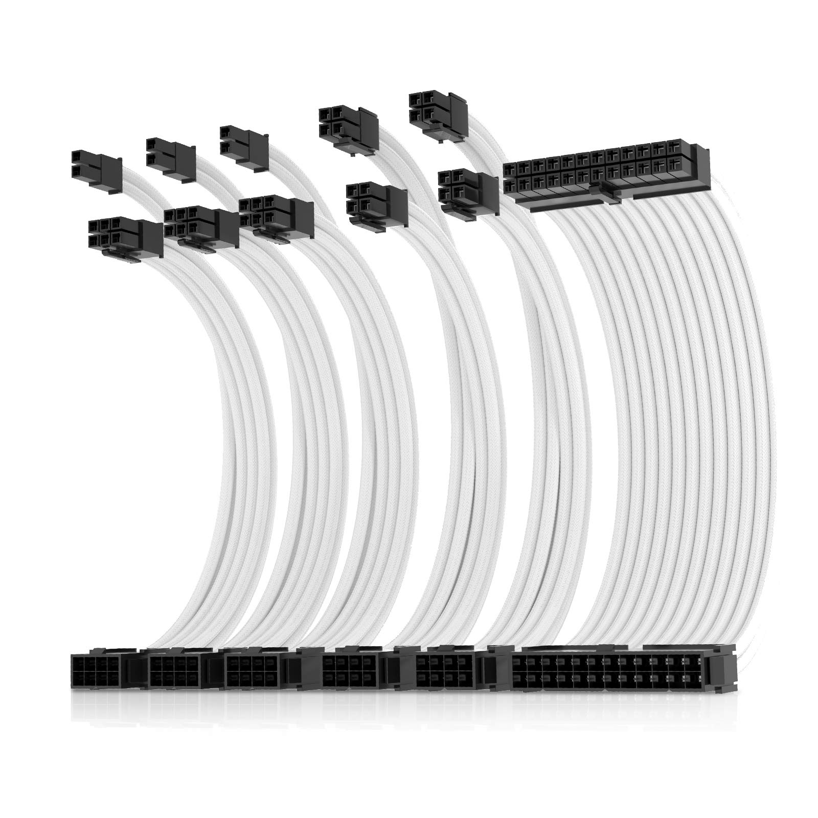 كابل تمديد مزود الطاقة من Asiahorse Pro مقاس 16AWG مع غلاف، طقم أسلاك كابل تمديد مزود الطاقة 1x24-PIN/ 2x8-PORT (4+4) M/B، 3x8-PORT (6+2) PCI-E بطول 30 سم مع أمشاط (EPS مزدوج أبيض) 