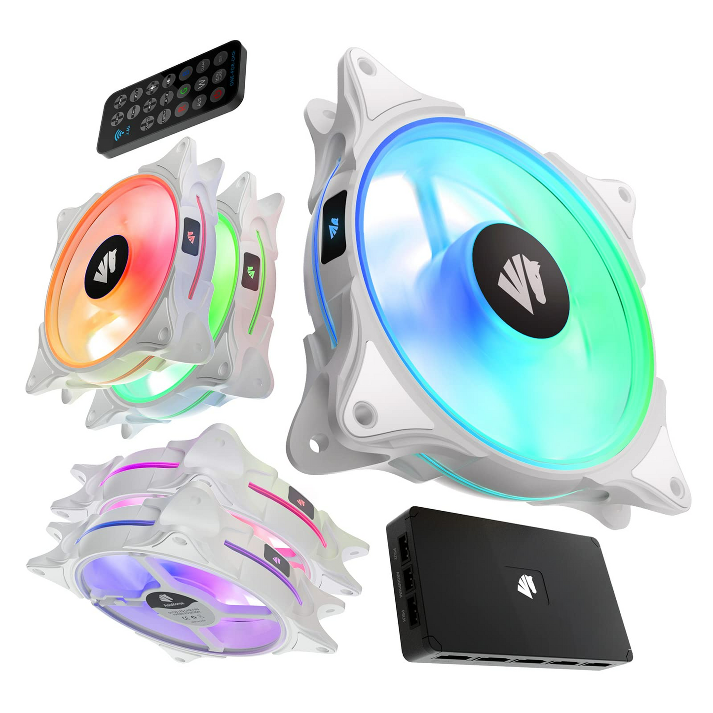 AsiaHorse FS9002 Pro 120mm PWM PC Case Fan, Adjustable Speed of 800-1800rpm, Double LED Lingting Loops, 5V 3-pin ARGB Header Motherboard Aura SYNC with Hub and Remote - White 5pack