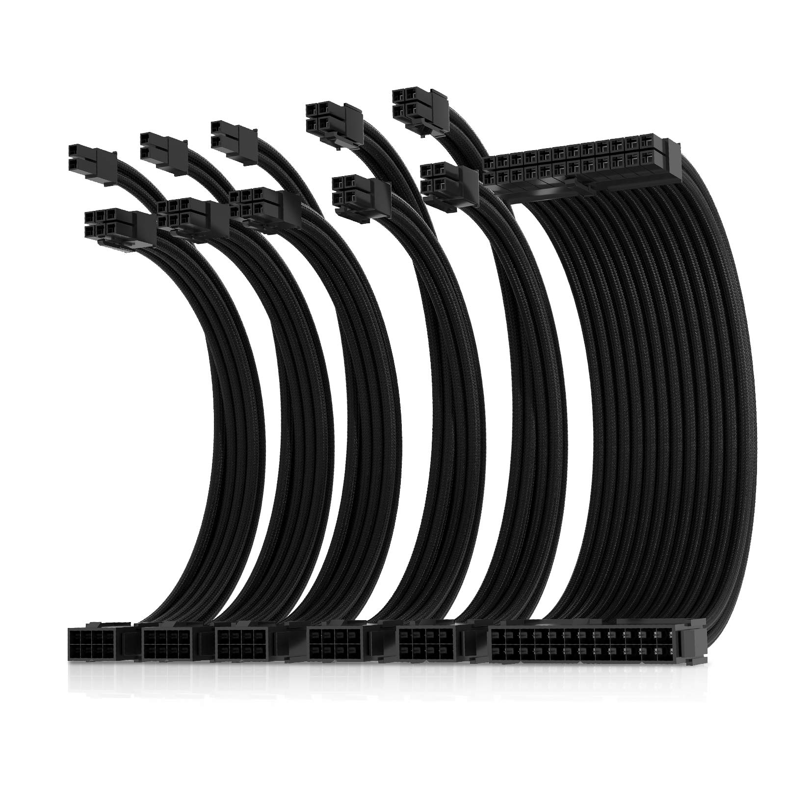 كابل تمديد مزود الطاقة من Asiahorse Pro مقاس 16AWG مع غلاف، طقم أسلاك كابل تمديد مزود الطاقة 1x24-PIN/ 2x8-PORT (4+4) M/B، 3x8-PORT (6+2) PCI-E بطول 30 سم مع أمشاط (EPS مزدوج أبيض) 