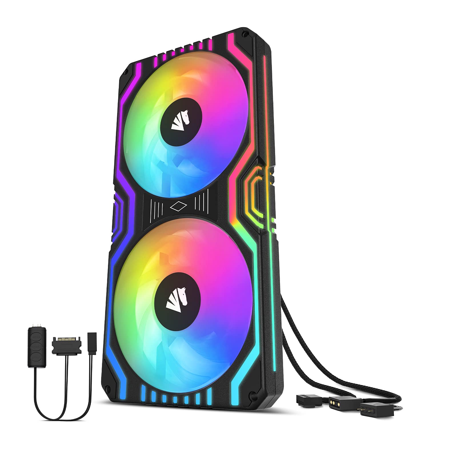 مروحة ASIAHORSE Matrix-Black 48 مصباح LED RGB قابل للتوجيه، مقاس 240 مم، إطار مربع متكامل مع وحدة تحكم MB Sync/Analog، مروحة تحكم PWM مدمجة لعلبة الكمبيوتر ونظام التبريد السائل 