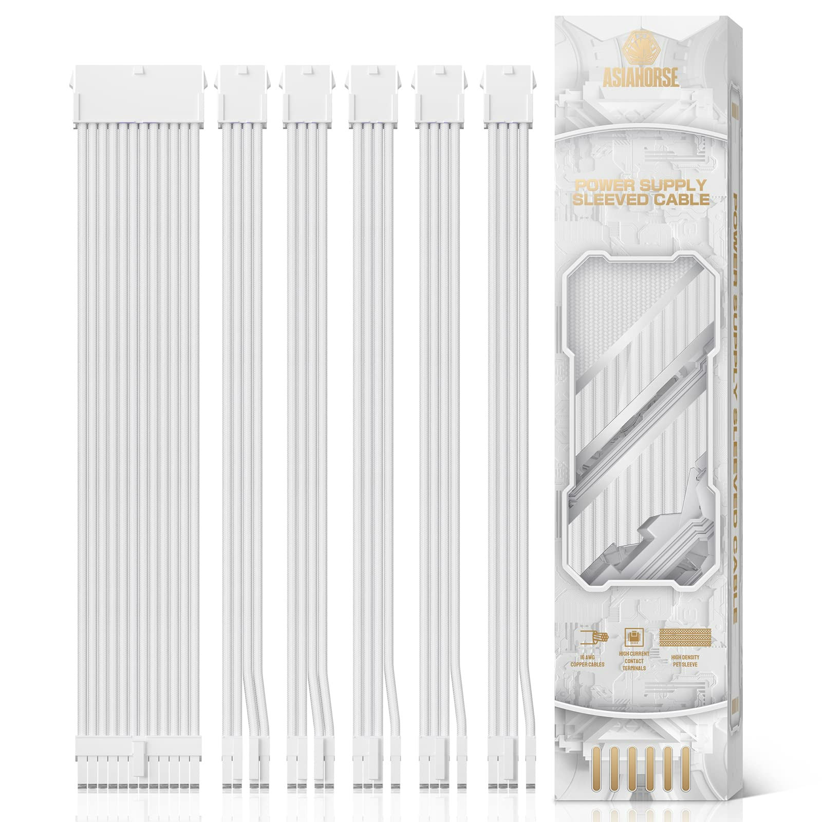 كابل مزود الطاقة AsiaHorse، طقم كابل تمديد مزود الطاقة 16 AWG من موصل أبيض، 1x24Pin/2x4+4 EPS/3x6+2 PCI-E، بطول 30 سم مع أمشاط 