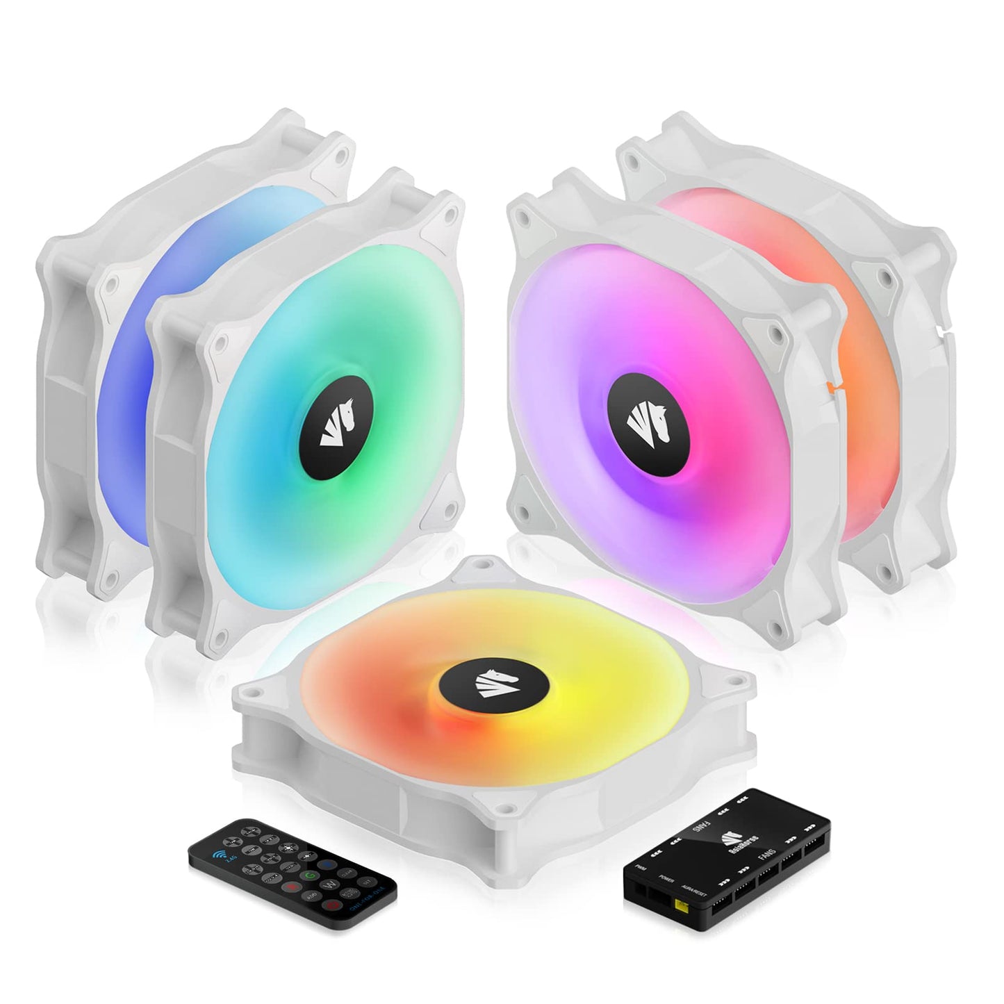 ASIAHORSE WD-001 Series 120mm Case Fan with Controller, White 5V ARGB Motherboard Computer Case Fans Quiet High Airflow Adjustable Light Effect Computer Cooling Fan, 5 Pack