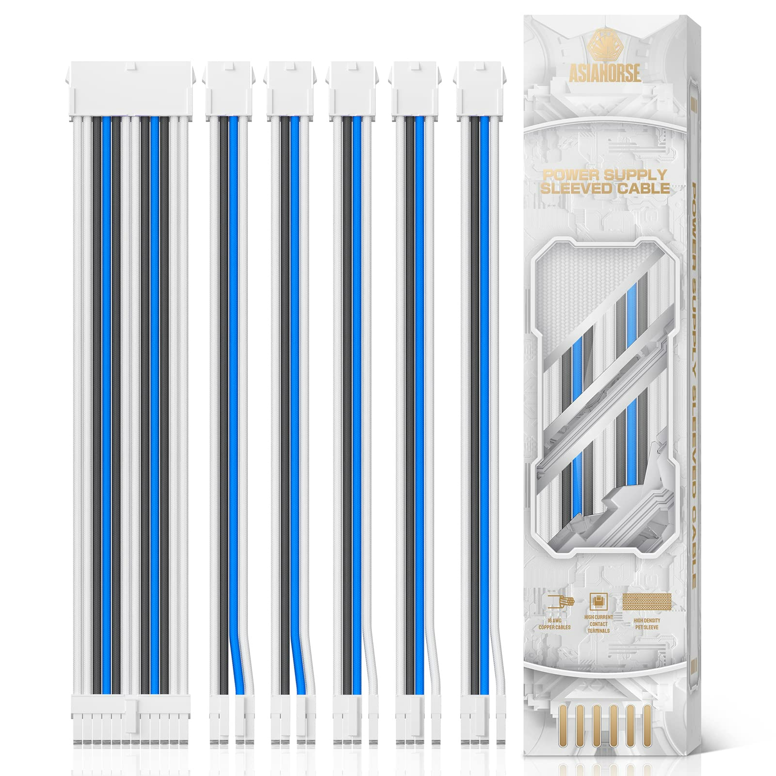 كابل مزود الطاقة AsiaHorse، طقم كابل تمديد مزود الطاقة 16 AWG من موصل أبيض، 1x24Pin/2x4+4 EPS/3x6+2 PCI-E، بطول 30 سم مع أمشاط 
