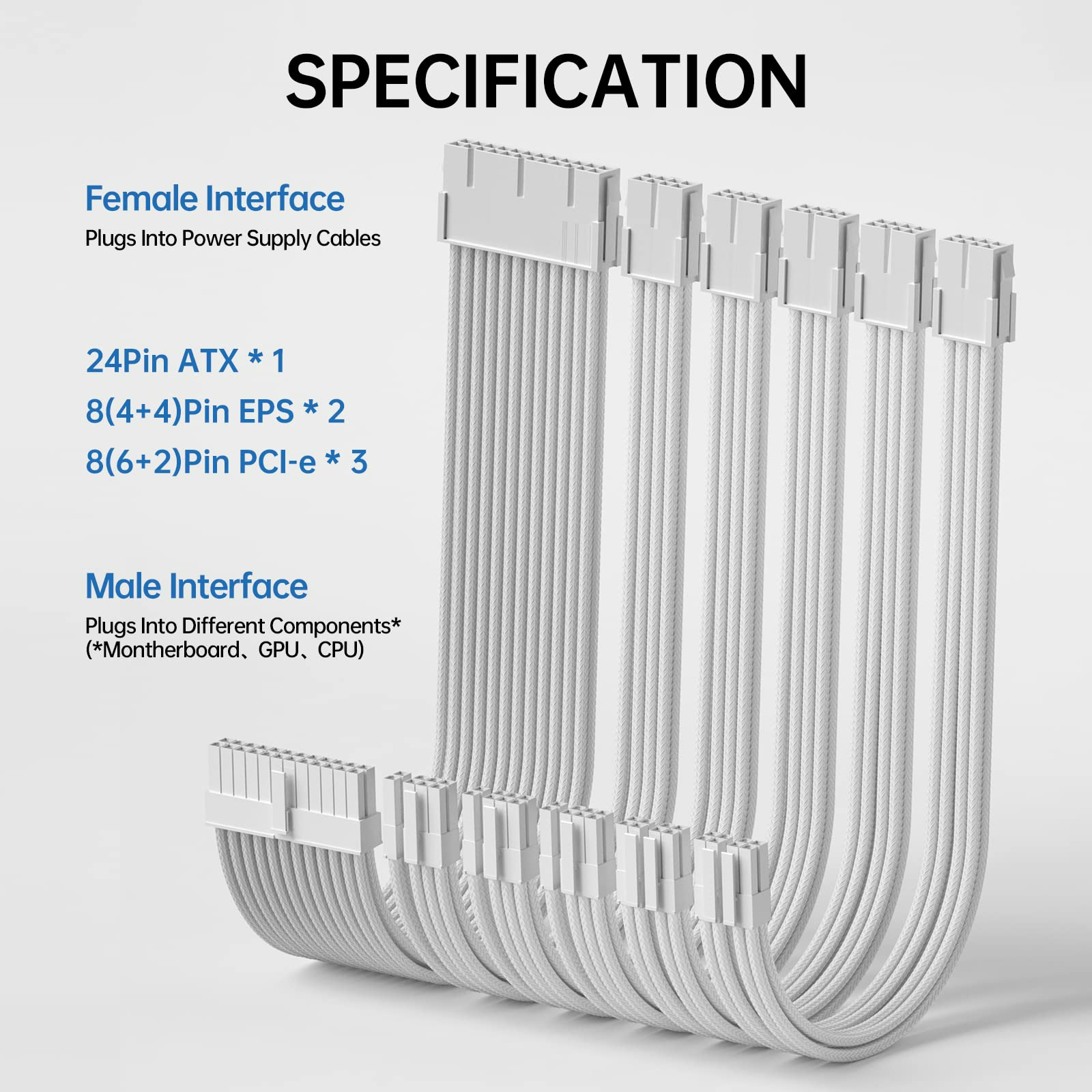 كابل مزود الطاقة AsiaHorse، طقم كابل تمديد مزود الطاقة 16 AWG من موصل أبيض، 1x24Pin/2x4+4 EPS/3x6+2 PCI-E، بطول 30 سم مع أمشاط 