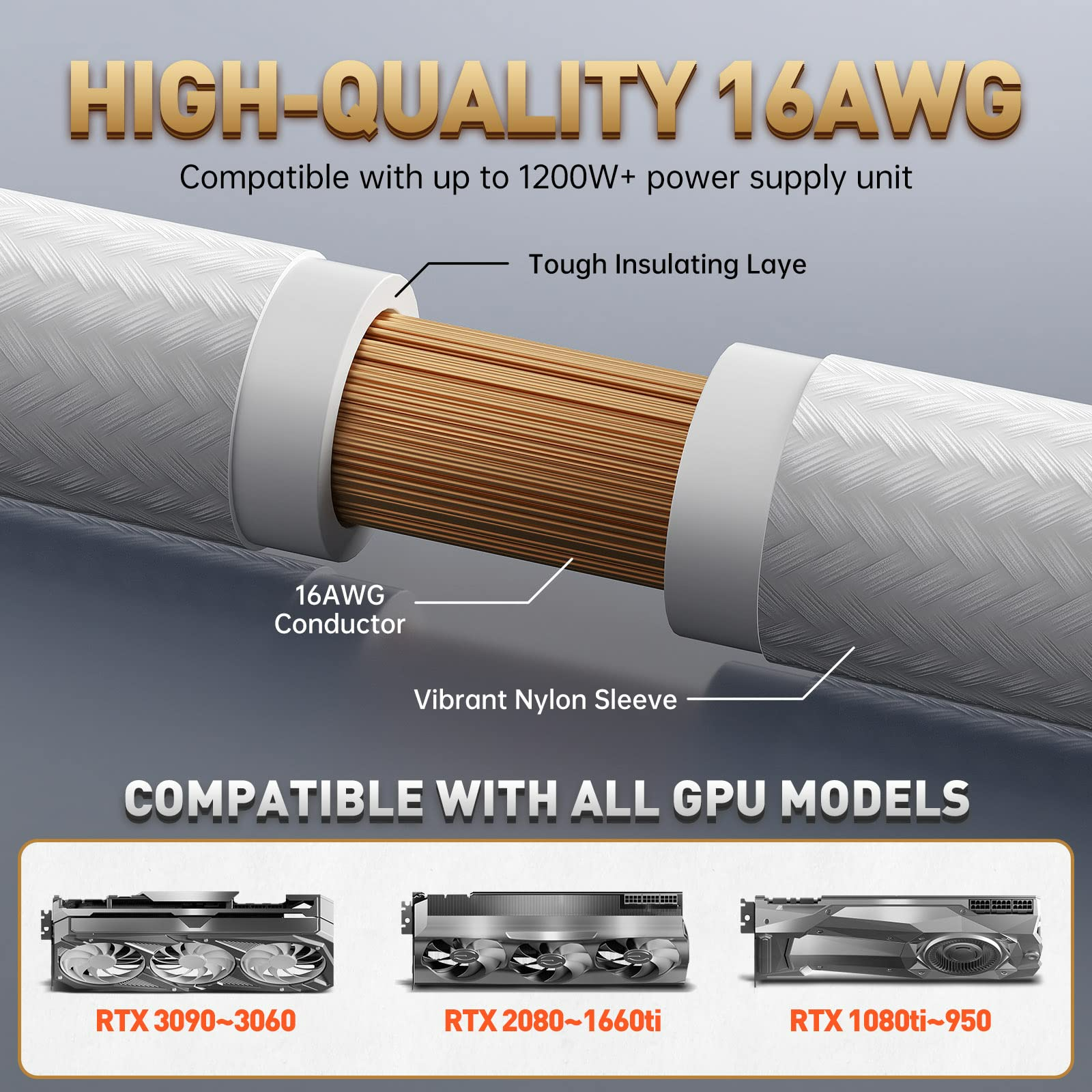 كابل تمديد مزود الطاقة من Asiahorse Pro مقاس 16AWG مع غلاف، طقم أسلاك كابل تمديد مزود الطاقة 1x24-PIN/ 2x8-PORT (4+4) M/B، 3x8-PORT (6+2) PCI-E بطول 30 سم مع أمشاط (EPS مزدوج أبيض) 
