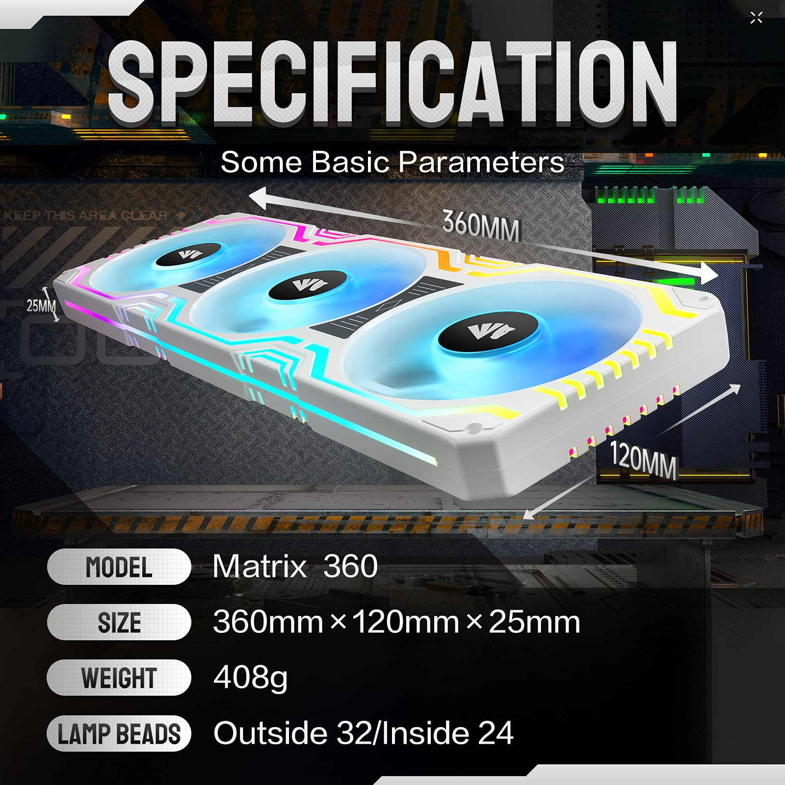 مروحة Asiahorse Matrix-White 56 LED RGB قابلة للتوجيه، 360 مم، إطار مربع متكامل مع وحدة تحكم MB Sync/Analog، مروحة تحكم PWM مدمجة لعلبة الكمبيوتر ونظام التبريد السائل 