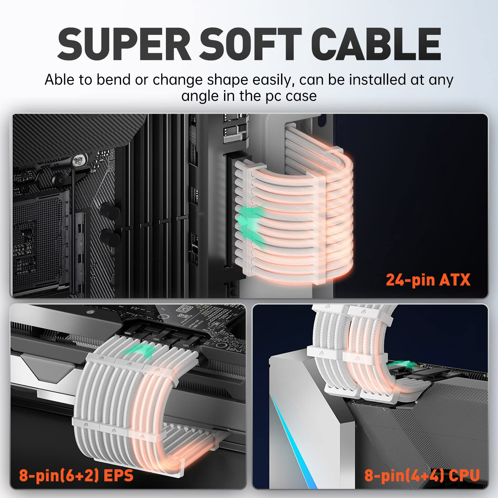 كابل تمديد مزود الطاقة من Asiahorse Pro مقاس 16AWG مع غلاف، طقم أسلاك كابل تمديد مزود الطاقة 1x24-PIN/ 2x8-PORT (4+4) M/B، 3x8-PORT (6+2) PCI-E بطول 30 سم مع أمشاط (EPS مزدوج أبيض) 