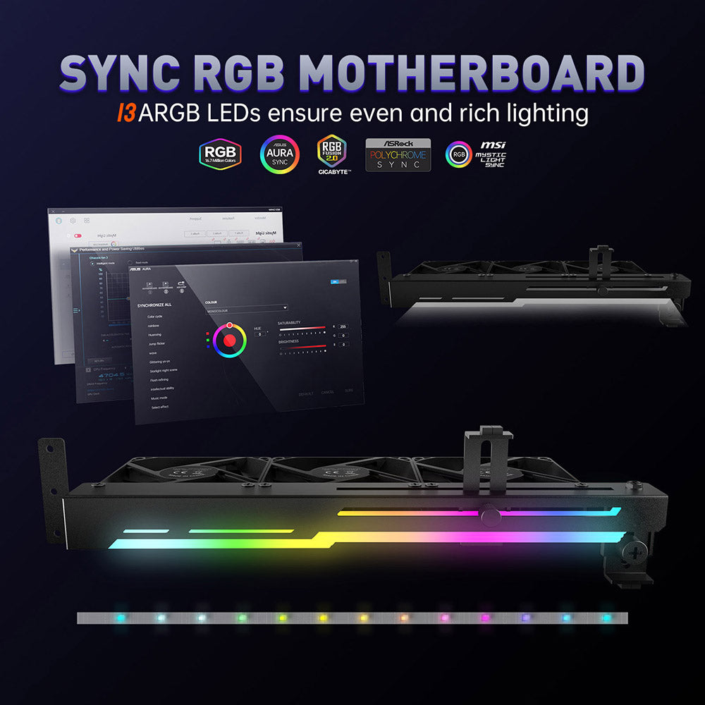مبرد بطاقة الرسومات AsiaHorse مع مصباح LED ARGB 5V 3Pin وثلاث مراوح 80 مم، وحامل بطاقة الرسومات RGB LED، ومبرد وحدة معالجة الرسومات سهل التركيب - أسود 